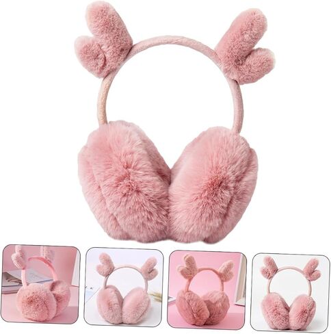 Hemobllo Warm Plush Earmuffs with Antler Design, Pink Soft Ear Warmers for Outdoor Winter Cold Weather, Cozy Ear Covers and Boys in Kuwait