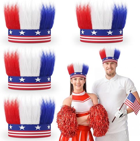 4 Pcs American Flag Hat Hair Red White and Blue Star USA Patriotic Sports Events Hairy Headband Independence Day Crazy Hairband Headwear for 4th of July Memorial Day Accessories in Kuwait
