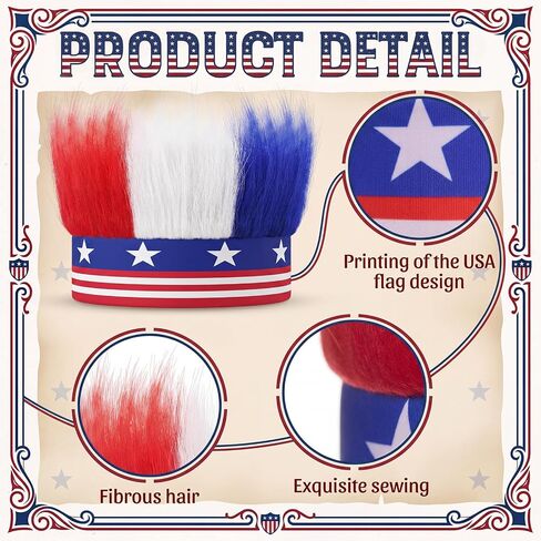 4 Pcs American Flag Hat Hair Red White and Blue Star USA Patriotic Sports Events Hairy Headband Independence Day Crazy Hairband Headwear for 4th of July Memorial Day Accessories in Kuwait
