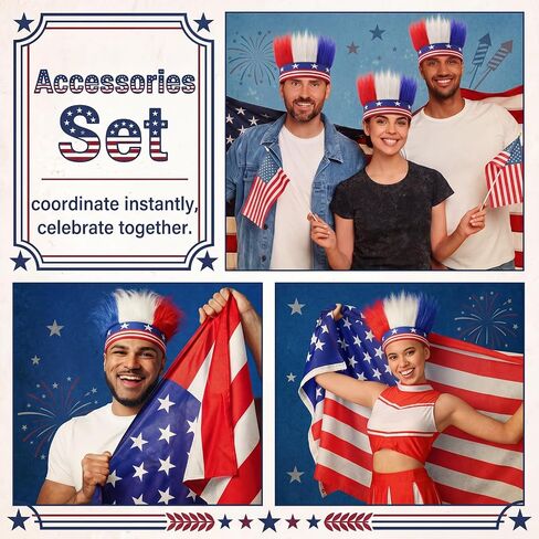 4 Pcs American Flag Hat Hair Red White and Blue Star USA Patriotic Sports Events Hairy Headband Independence Day Crazy Hairband Headwear for 4th of July Memorial Day Accessories in Kuwait