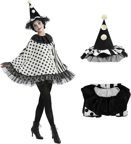 Scary Clown Costume Halloween Black and White Cape Fuzzy Poms Jester Hat Horror Movies Cosplay for Adult in Saudi Arabia