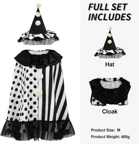 Scary Clown Costume Halloween Black and White Cape Fuzzy Poms Jester Hat Horror Movies Cosplay for Adult in Saudi Arabia
