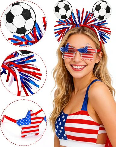 Hikkcos Soccer Headband, 4th of July Headband for Women USA Patriotic Headwaear and Star Glasses Set, Red White Blue Costume for 250 Years Independence Day Party Accessories in Kuwait
