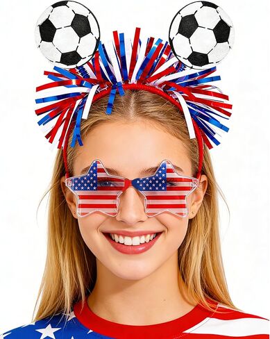 Hikkcos Soccer Headband, 4th of July Headband for Women USA Patriotic Headwaear and Star Glasses Set, Red White Blue Costume for 250 Years Independence Day Party Accessories in Kuwait
