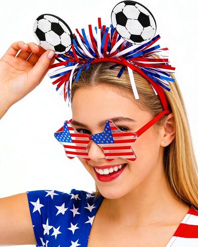 Hikkcos Soccer Headband, 4th of July Headband for Women USA Patriotic Headwaear and Star Glasses Set, Red White Blue Costume for 250 Years Independence Day Party Accessories in Kuwait