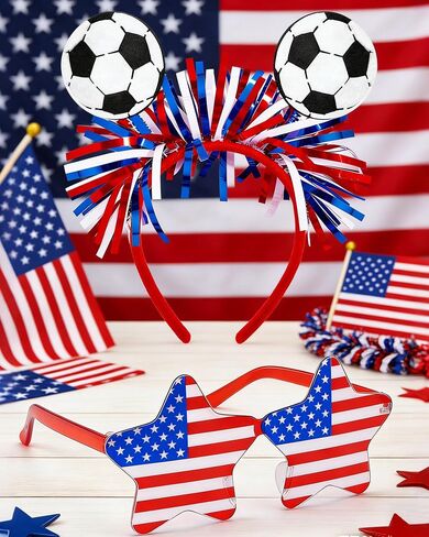 Hikkcos Soccer Headband, 4th of July Headband for Women USA Patriotic Headwaear and Star Glasses Set, Red White Blue Costume for 250 Years Independence Day Party Accessories in Kuwait