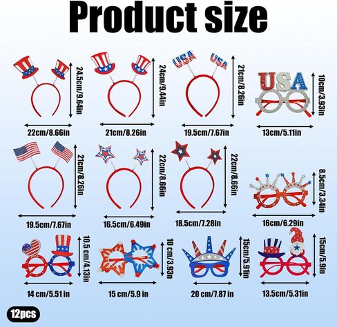 Patriotic Decor, America 250 Merchandise, USA 250th Anniversary Merchandise, Fourth of July Decorations, Patriotic Party Accessories, 12 Piece Headband and Glasses Set in Saudi Arabia