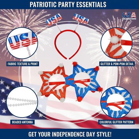 Patriotic Decor, America 250 Merchandise, USA 250th Anniversary Merchandise, Fourth of July Decorations, Patriotic Party Accessories, 12 Piece Headband and Glasses Set in Saudi Arabia