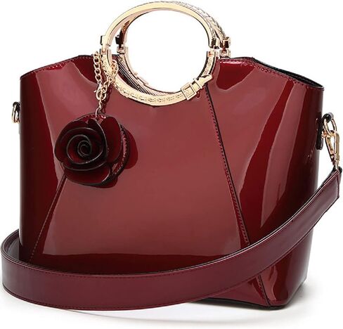 Genuine Glossy Patent Leather Flower Pendant Top Handle Tote Satchel Shoulder Handbag for Women Evening Party in Kuwait