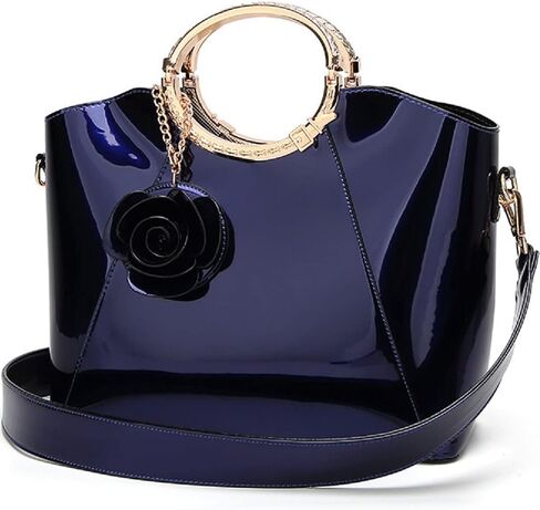 Genuine Glossy Patent Leather Flower Pendant Top Handle Tote Satchel Shoulder Handbag for Women Evening Party in Kuwait