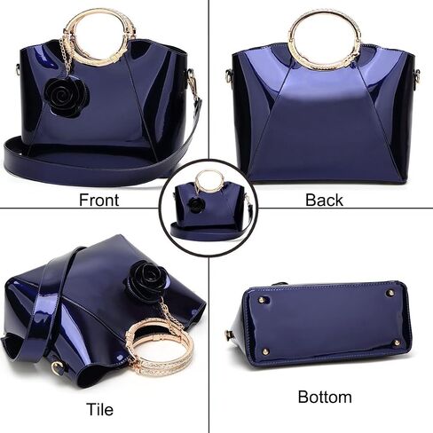 Genuine Glossy Patent Leather Flower Pendant Top Handle Tote Satchel Shoulder Handbag for Women Evening Party in Kuwait