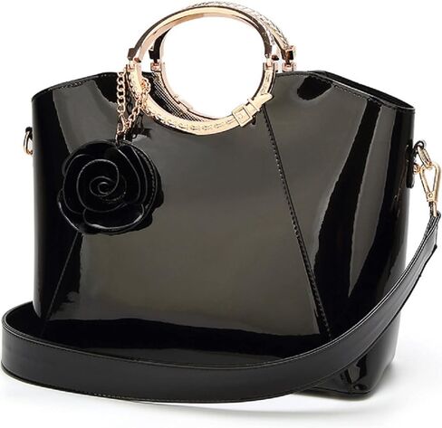 Genuine Glossy Patent Leather Flower Pendant Top Handle Tote Satchel Shoulder Handbag for Women Evening Party in Kuwait