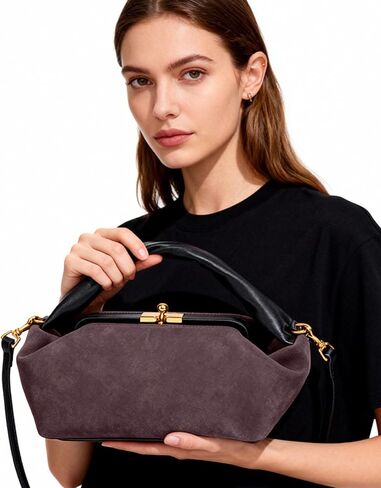 Suede Kiss Lock Shoulder Bag for Women, Vintage Slouchy Hobo Handbag, Soft Faux Suede Satchel with Detachable Strap in Saudi Arabia
