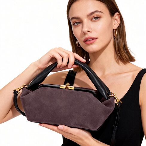 Suede Kiss Lock Shoulder Bag for Women, Vintage Slouchy Hobo Handbag, Soft Faux Suede Satchel with Detachable Strap in Saudi Arabia
