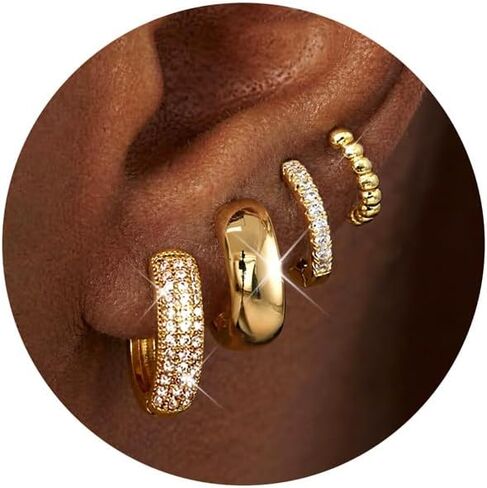 JeryWe Gold Hoop Earrings for Women - 4Pairs 14K Gold Plated Non Tarnish Hypoallergenic Chunky Earrings Set Dainty Cubic Zirconia Lightweight Small Huggie Hoops Earring Stacks for Multiple Piercing in Kuwait