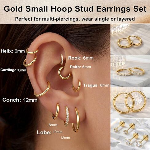 Small Gold Huggie Hoop Stud Earrings Set for Women Stack, Flat Back 316L Hypoallergenic 14K Plated Cartilage Helix Tragus Earrings for Multiple Piercings, Sleeper Earrings Cute 6 Pairs Jewelry Gifts in Saudi Arabia