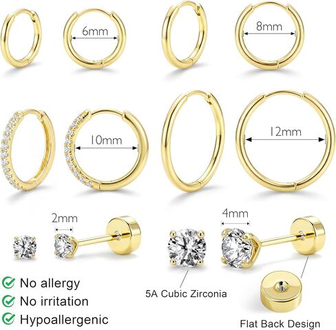 Small Gold Huggie Hoop Stud Earrings Set for Women Stack, Flat Back 316L Hypoallergenic 14K Plated Cartilage Helix Tragus Earrings for Multiple Piercings, Sleeper Earrings Cute 6 Pairs Jewelry Gifts in Saudi Arabia