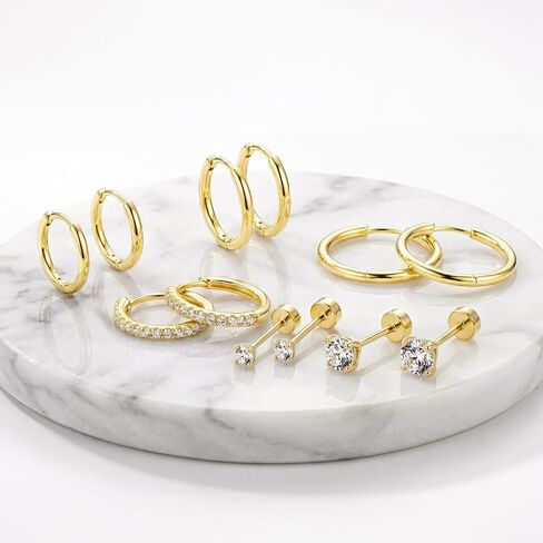 Small Gold Huggie Hoop Stud Earrings Set for Women Stack, Flat Back 316L Hypoallergenic 14K Plated Cartilage Helix Tragus Earrings for Multiple Piercings, Sleeper Earrings Cute 6 Pairs Jewelry Gifts in Saudi Arabia