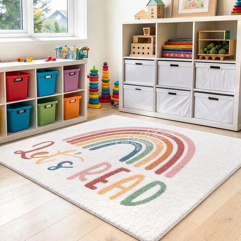 3.3x4 ft Boho Rainbow Classroom Rug Let's Read Motivational Area Rug Back to School Floor Mat Reading Corner Decor Non-Slip Play Carpet for Calming Corner Library Nursery Playroom Bedroom Living Room in Kuwait