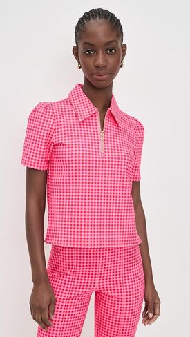 Addison Bay Women's Ponte Virginian Polo Top, Rose Check, S in Saudi Arabia