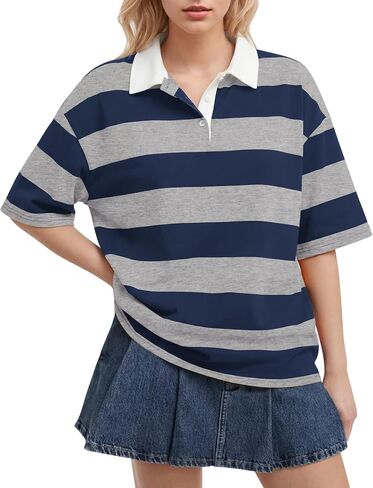 Women Striped Polo Shirts Short Sleeve Rugby Shirts Oversized Collared T Shirts Summer Color Block Tee Tops in Saudi Arabia