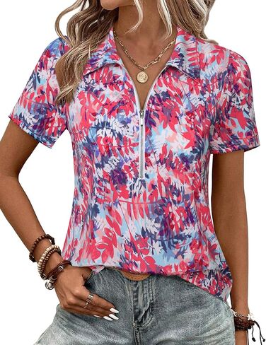 Vivilli Women's Polo Shirts Zipper Short Sleeve Business Casual Work Tops Summer Solid/Floral for Office,Golf& Vacation in Saudi Arabia