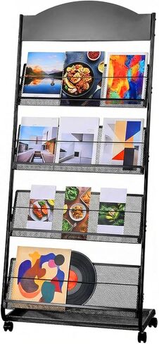 4-Tier Heavy Duty Magazine Display Rack School Furniture - Metal Brochure Holder with 4 Lockable Wheels, Detachable Literature Stand with Back Storage Floor Standing Rack (58.2" H×25" W) in Saudi Arabia