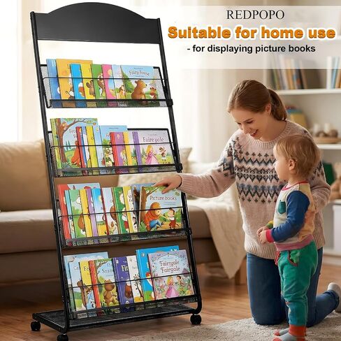 4-Tier Heavy Duty Magazine Display Rack School Furniture - Metal Brochure Holder with 4 Lockable Wheels, Detachable Literature Stand with Back Storage Floor Standing Rack (58.2" H×25" W) in Saudi Arabia
