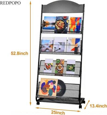 4-Tier Heavy Duty Magazine Display Rack School Furniture - Metal Brochure Holder with 4 Lockable Wheels, Detachable Literature Stand with Back Storage Floor Standing Rack (58.2" H×25" W) in Saudi Arabia