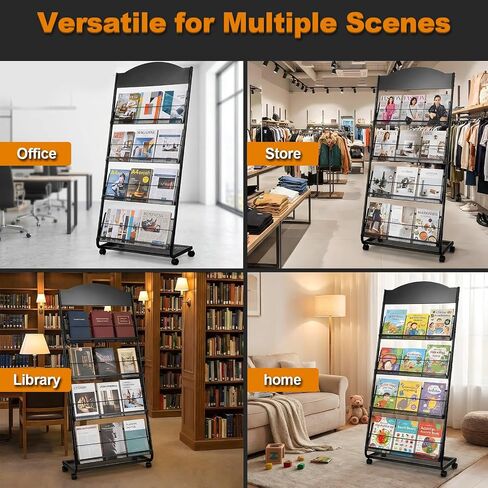 4-Tier Heavy Duty Magazine Display Rack School Furniture - Metal Brochure Holder with 4 Lockable Wheels, Detachable Literature Stand with Back Storage Floor Standing Rack (58.2" H×25" W) in Saudi Arabia