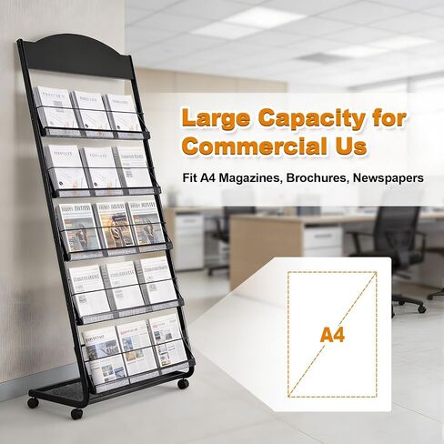 4-Tier Heavy Duty Magazine Display Rack School Furniture - Metal Brochure Holder with 4 Lockable Wheels, Detachable Literature Stand with Back Storage Floor Standing Rack (58.2" H×25" W) in Saudi Arabia