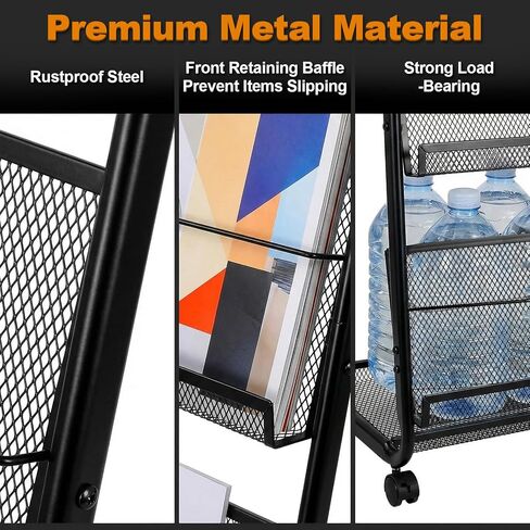 4-Tier Heavy Duty Magazine Display Rack School Furniture - Metal Brochure Holder with 4 Lockable Wheels, Detachable Literature Stand with Back Storage Floor Standing Rack (58.2" H×25" W) in Saudi Arabia