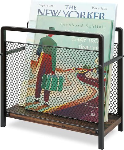 Magazine Holder, Magazine Rack Floor, Metal Mesh with Wood Base Magazine Storage Basket, Folder Organizer Bin for Books, Newspapers, Mails, Files, Dark Brown in Saudi Arabia