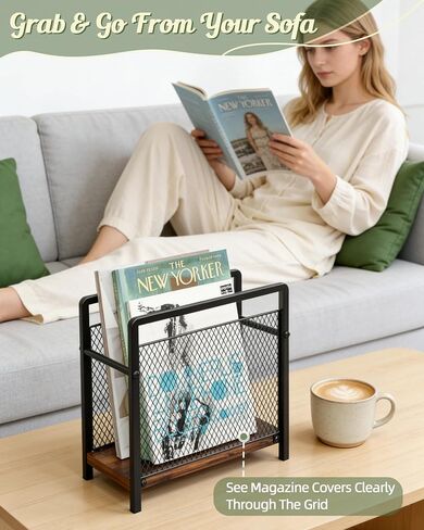 Magazine Holder, Magazine Rack Floor, Metal Mesh with Wood Base Magazine Storage Basket, Folder Organizer Bin for Books, Newspapers, Mails, Files, Dark Brown in Saudi Arabia