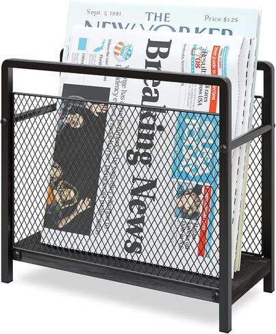 Magazine Holder, Magazine Rack Floor, Metal Mesh with Wood Base Magazine Storage Basket, Folder Organizer Bin for Books, Newspapers, Mails, Files, Dark Brown in Saudi Arabia