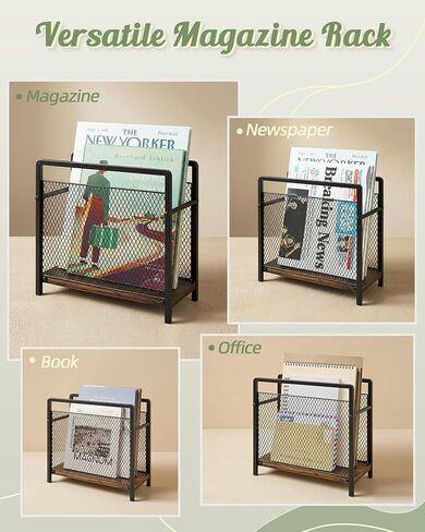 Magazine Holder, Magazine Rack Floor, Metal Mesh with Wood Base Magazine Storage Basket, Folder Organizer Bin for Books, Newspapers, Mails, Files, Dark Brown in Saudi Arabia