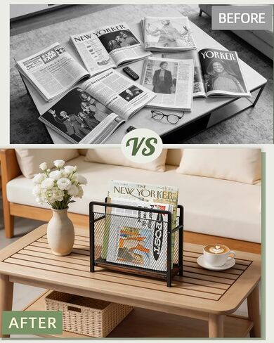 Magazine Holder, Magazine Rack Floor, Metal Mesh with Wood Base Magazine Storage Basket, Folder Organizer Bin for Books, Newspapers, Mails, Files, Dark Brown in Saudi Arabia