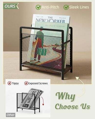 Magazine Holder, Magazine Rack Floor, Metal Mesh with Wood Base Magazine Storage Basket, Folder Organizer Bin for Books, Newspapers, Mails, Files, Dark Brown in Saudi Arabia