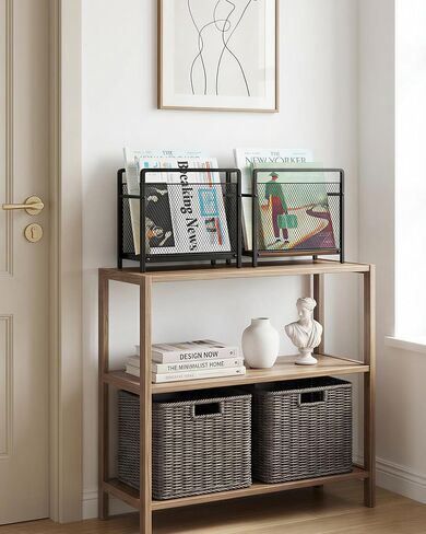 Magazine Holder, Magazine Rack Floor, Metal Mesh with Wood Base Magazine Storage Basket, Folder Organizer Bin for Books, Newspapers, Mails, Files, Dark Brown in Saudi Arabia