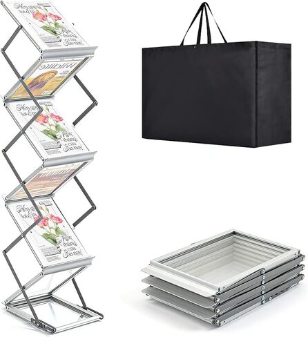 6 Pockets Aluminum Foldable Magazine Rack Floor, Brochure Magazine Display Stand, Brochure Holder, Literature Rack with Carrying Bag for Trade Shows, Exhibition, Office, Retail Store in Saudi Arabia