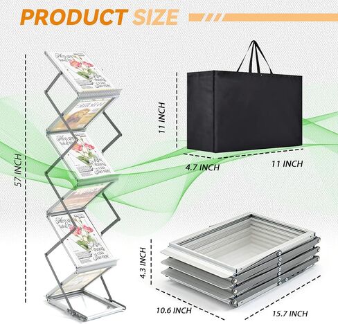 6 Pockets Aluminum Foldable Magazine Rack Floor, Brochure Magazine Display Stand, Brochure Holder, Literature Rack with Carrying Bag for Trade Shows, Exhibition, Office, Retail Store in Saudi Arabia