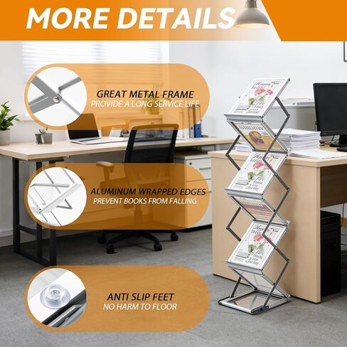 6 Pockets Aluminum Foldable Magazine Rack Floor, Brochure Magazine Display Stand, Brochure Holder, Literature Rack with Carrying Bag for Trade Shows, Exhibition, Office, Retail Store in Saudi Arabia