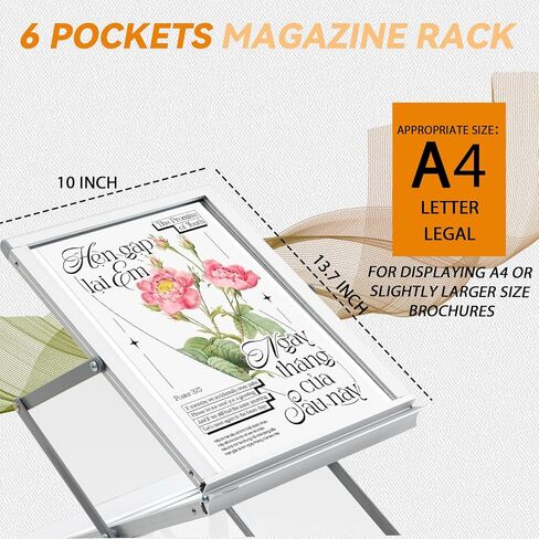 6 Pockets Aluminum Foldable Magazine Rack Floor, Brochure Magazine Display Stand, Brochure Holder, Literature Rack with Carrying Bag for Trade Shows, Exhibition, Office, Retail Store in Saudi Arabia