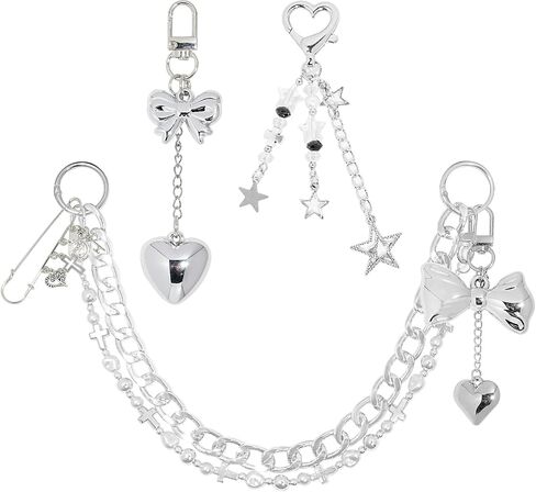 WAQYGZO 4 in 1 Silver Bag Charms, Purse Charms,Bow Bag Charm Chain for Handbags, Purse Keychain, Purses Chain Charm, DIY Bag Accessories for Women in Kuwait