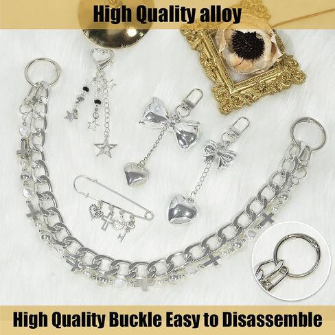 WAQYGZO 4 in 1 Silver Bag Charms, Purse Charms,Bow Bag Charm Chain for Handbags, Purse Keychain, Purses Chain Charm, DIY Bag Accessories for Women in Kuwait