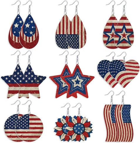 Nosiny 9 Pairs 4th of July Vintage Patriotic Earrings for Women Faux Leather American Flag Retro Star Teardrop Heart Sunflower Earring Red White Blue Dangle Jewelry Gift for Independence Day Women Mom in Kuwait
