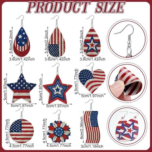 Nosiny 9 Pairs 4th of July Vintage Patriotic Earrings for Women Faux Leather American Flag Retro Star Teardrop Heart Sunflower Earring Red White Blue Dangle Jewelry Gift for Independence Day Women Mom in Kuwait