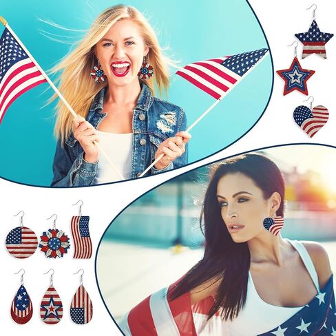 Nosiny 9 Pairs 4th of July Vintage Patriotic Earrings for Women Faux Leather American Flag Retro Star Teardrop Heart Sunflower Earring Red White Blue Dangle Jewelry Gift for Independence Day Women Mom in Kuwait