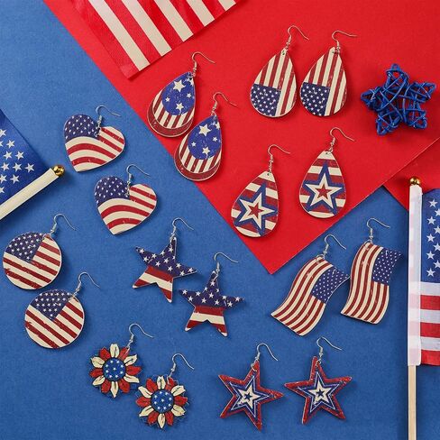 Nosiny 9 Pairs 4th of July Vintage Patriotic Earrings for Women Faux Leather American Flag Retro Star Teardrop Heart Sunflower Earring Red White Blue Dangle Jewelry Gift for Independence Day Women Mom in Kuwait
