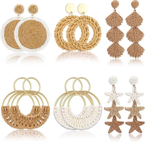 Kingdder 6 Pairs Handmade Boho Raffia Rattan Earrings for Women Summer Bohemian Round Drop Dangle Lightweight Straw Woven Hoop Earrings for Beach Vacation Seashells Starfish Jewelry Gifts in Kuwait